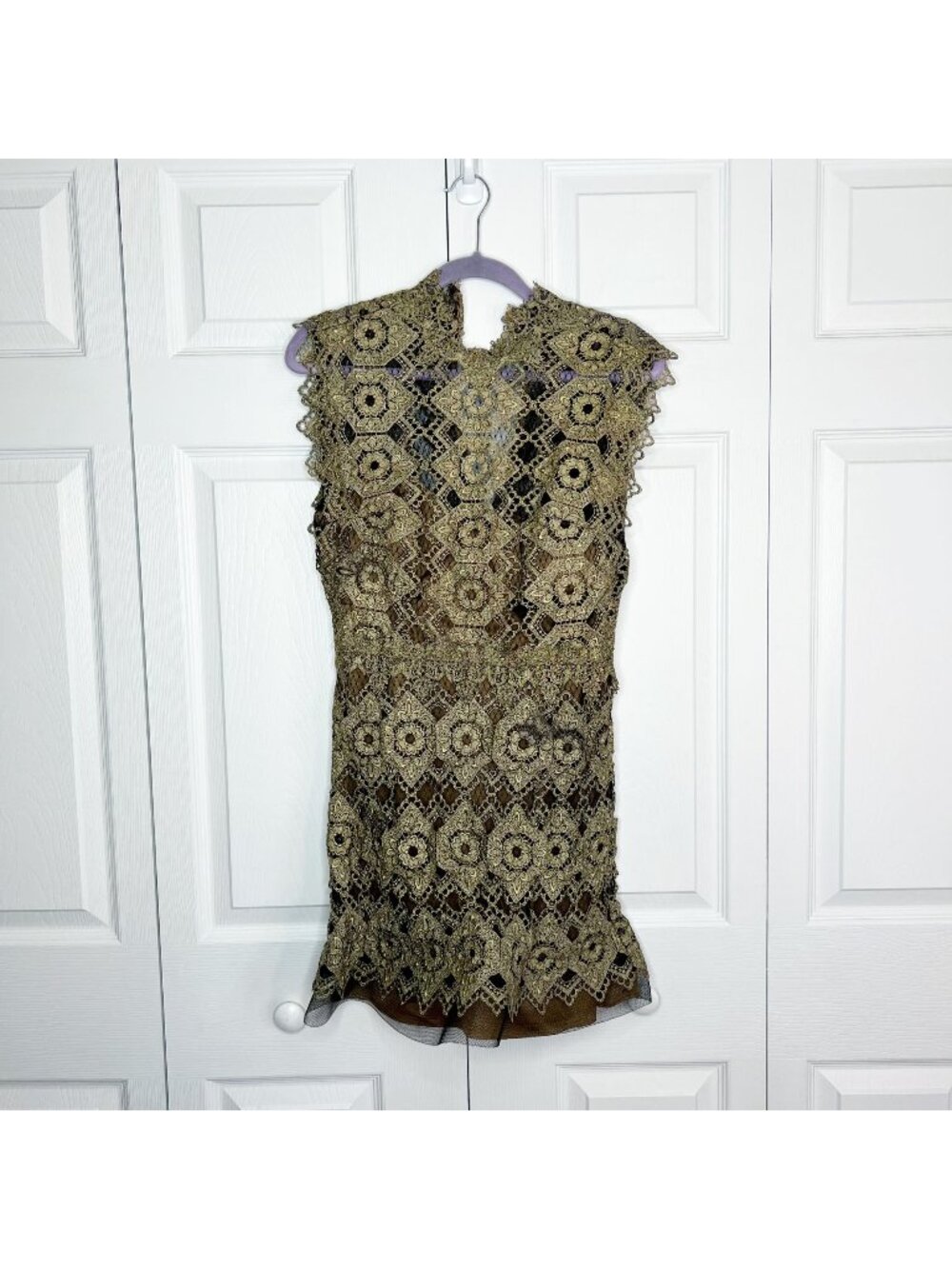 Catherine Deane Kate Black Gold Lace High Neck Mini Dress Women's Size 6